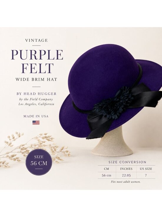 Vintage Purple Felt Wide Brim Hat Wool Head Hugger USA Black Ribbon Church main image 15